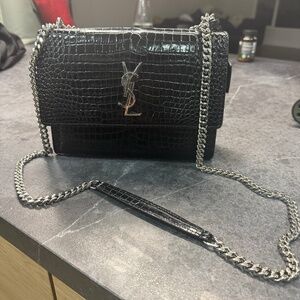 Women's Saint Laurent Sunset Medium Ysl Crossbody Bag in Croc-Embossed Leather